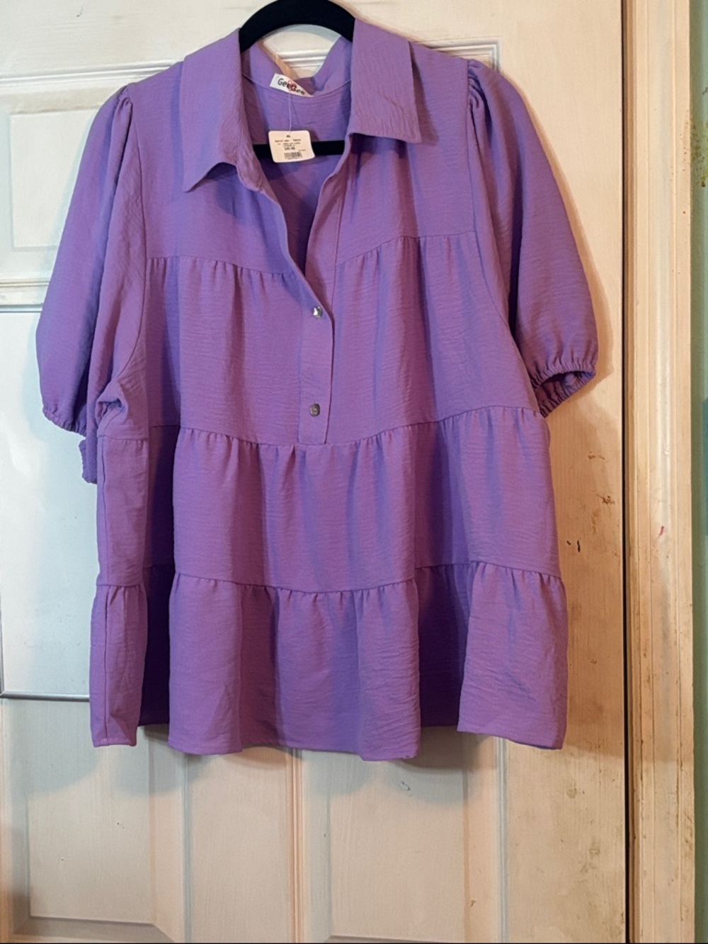 Relaxed Tiered Button-Front Blouse in Lavender Size 1X